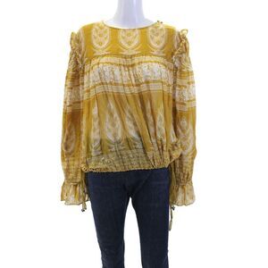 M.A.B.E Womens Long Sleeve Scoop Neck Abstract Printed Blouse Yellow Size M